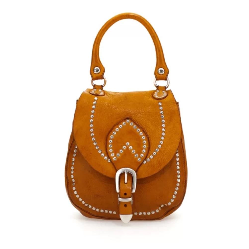 Campomaggi Texana shoulder bag in yellow leather with rivets.